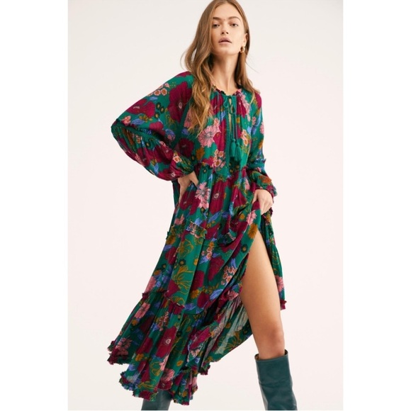 Free People In The Moment Dress Oversized Boho Floral Green Floral Print M - Picture 1 of 15